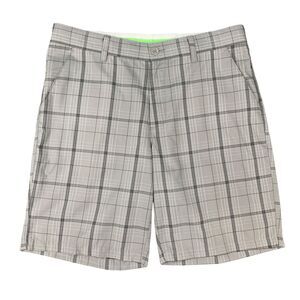 Greg Norman Shorts Mens 34 Gray Plaid Slim Fit Flat Front Tasso Elba Chino